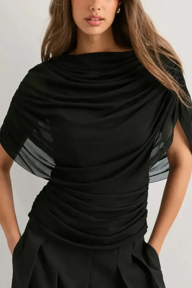 Black Ruched Cowl Neck Top - Image 1