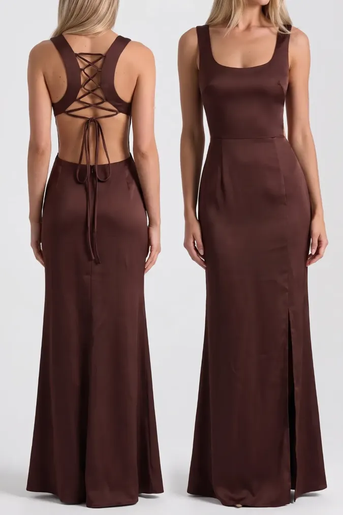 Dark Brown Slit Maxi Dress - Image 1