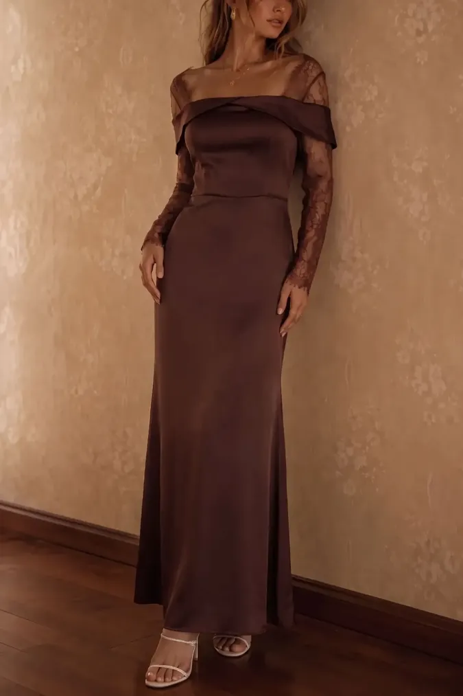 Dark Brown Lace Maxi Dress - Image 1