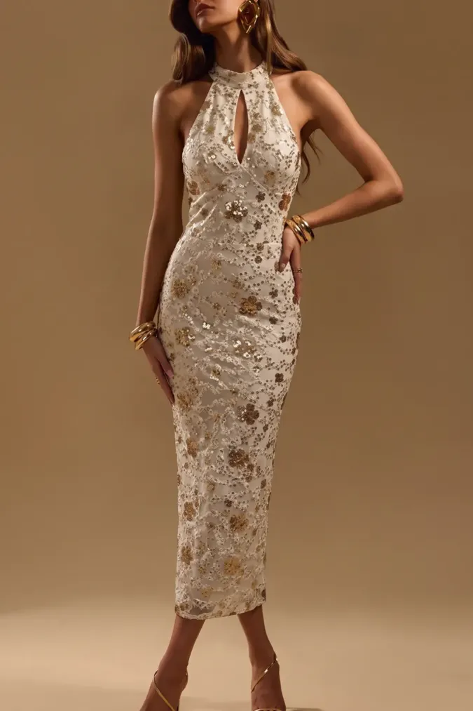 Champagne Sequined Maxi Dress - Image 1