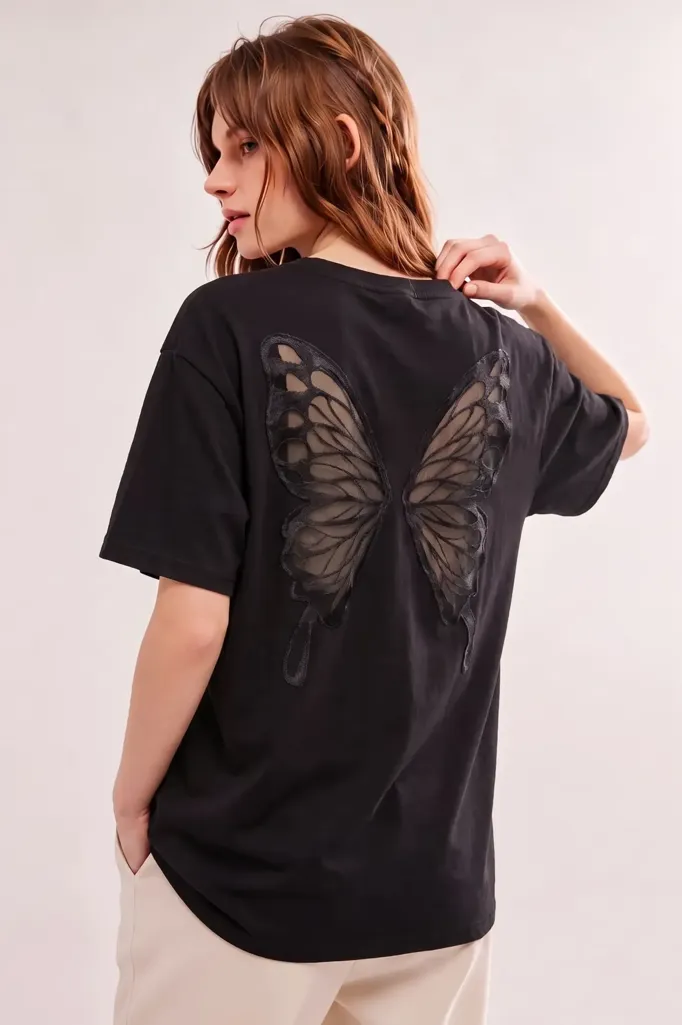 Black Butterfly Cut Out T-Shirt - Image 1