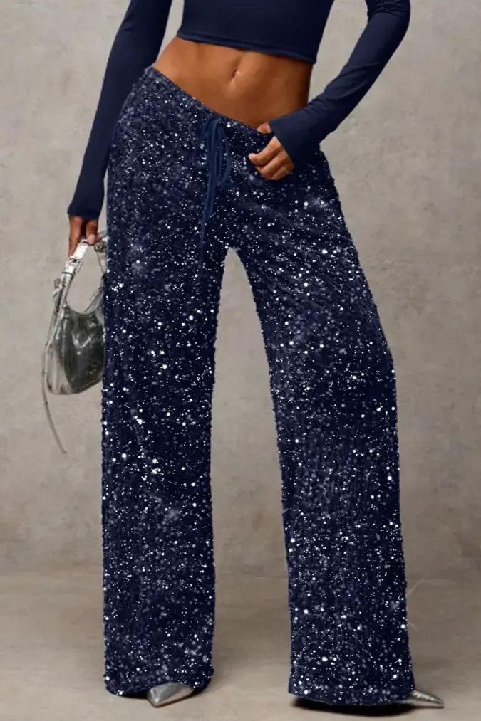 Navy Sequin Mid Rise Trousers - Image 1