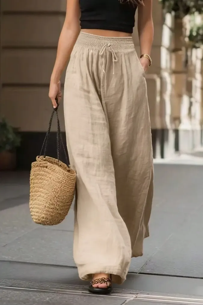 Beige Mid Rise Wide Leg Trousers - Image 1