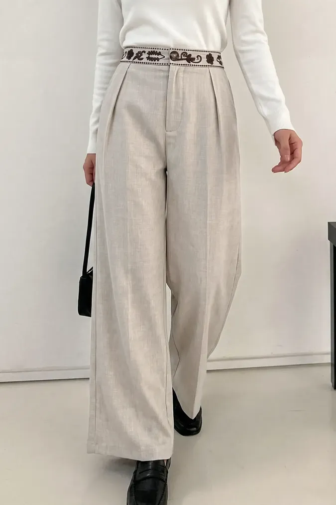 Beige Solid Wide Leg Trousers - Image 1