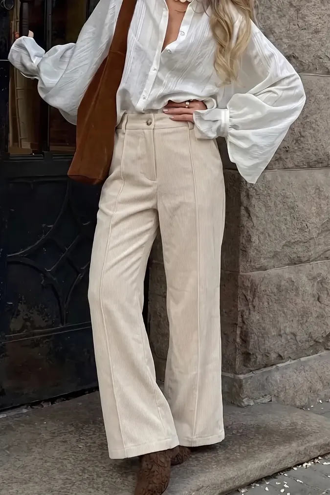 Beige Solid Mid Rise Trousers - Image 1