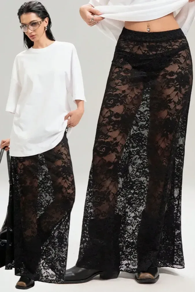 Black Lace Mid Rise Maxi Skirt - Image 1