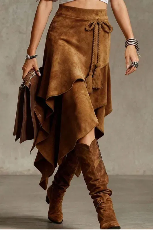 Brown Mid Rise Asymmetric Skirt - Image 1