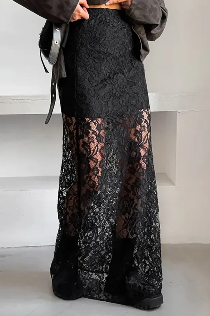Black Lace High Rise Maxi Skirt - Image 1