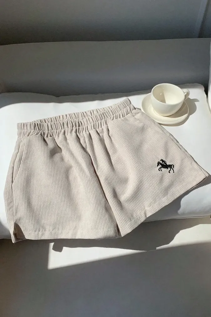 Beige Embroidered Mid-Rise Shorts - Image 1