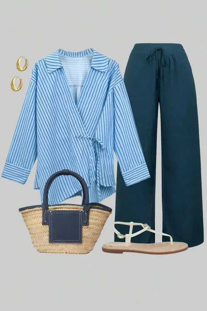 Blue Striped Wrap Co-Ord Set - Image 1