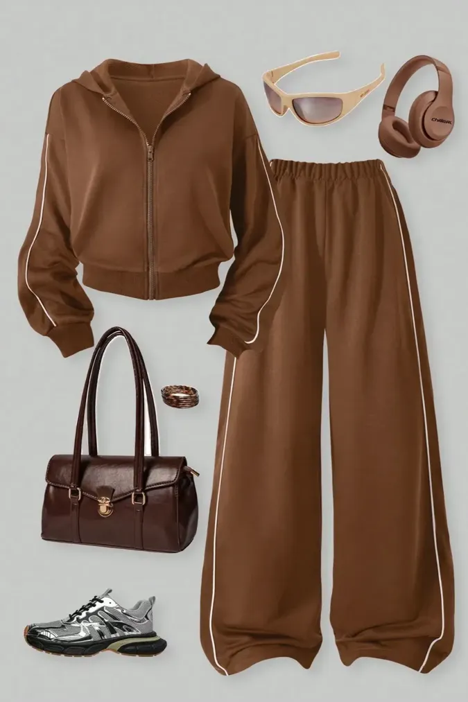 Brown Solid Hooded Co-Ord Set - Image 1