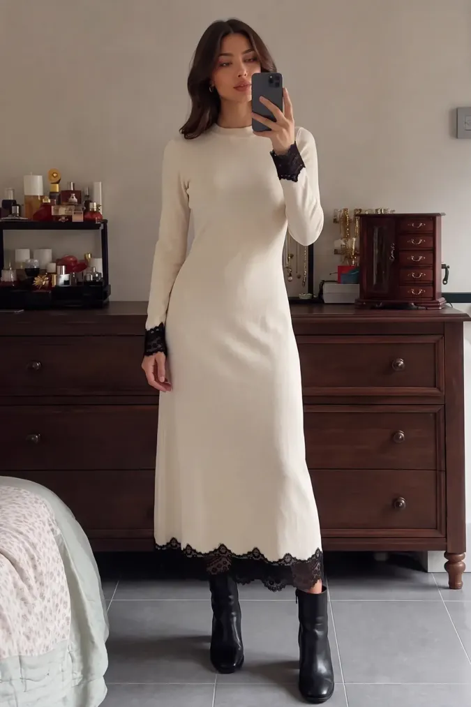 Beige High Rise Lace Dress - Image 1