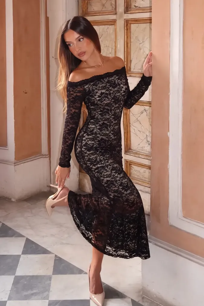 Black Lace Off-Shoulder Maxi Dress - Image 1