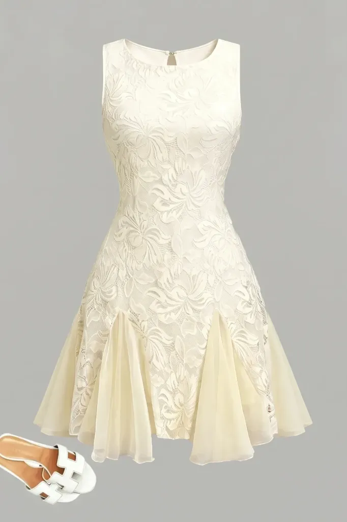 Cream Floral Round Neck Mini Dress - Image 1