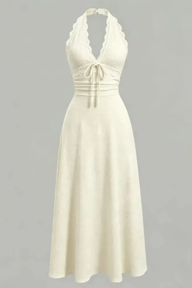 Cream Solid Lace Maxi Dress - Image 1