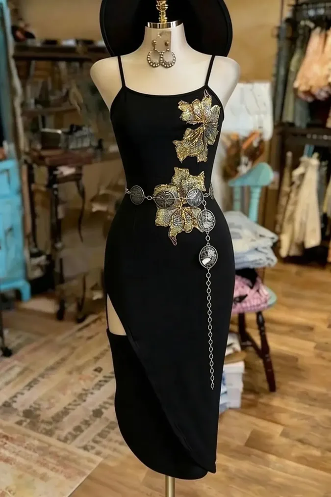 Black Sequin Asymmetric Midi Dress - Image 1