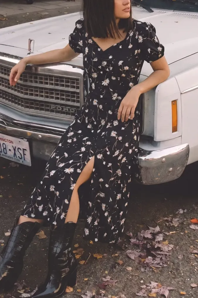 Black Floral Sweetheart Midi Dress - Image 1