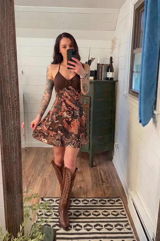 Brown Paisley Halter Mini Dress - Image 1