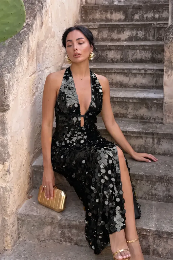 Black Sequin Halter Maxi Dress - Image 1