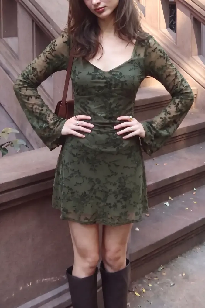 Olive Solid Floral Mini Dress - Image 1