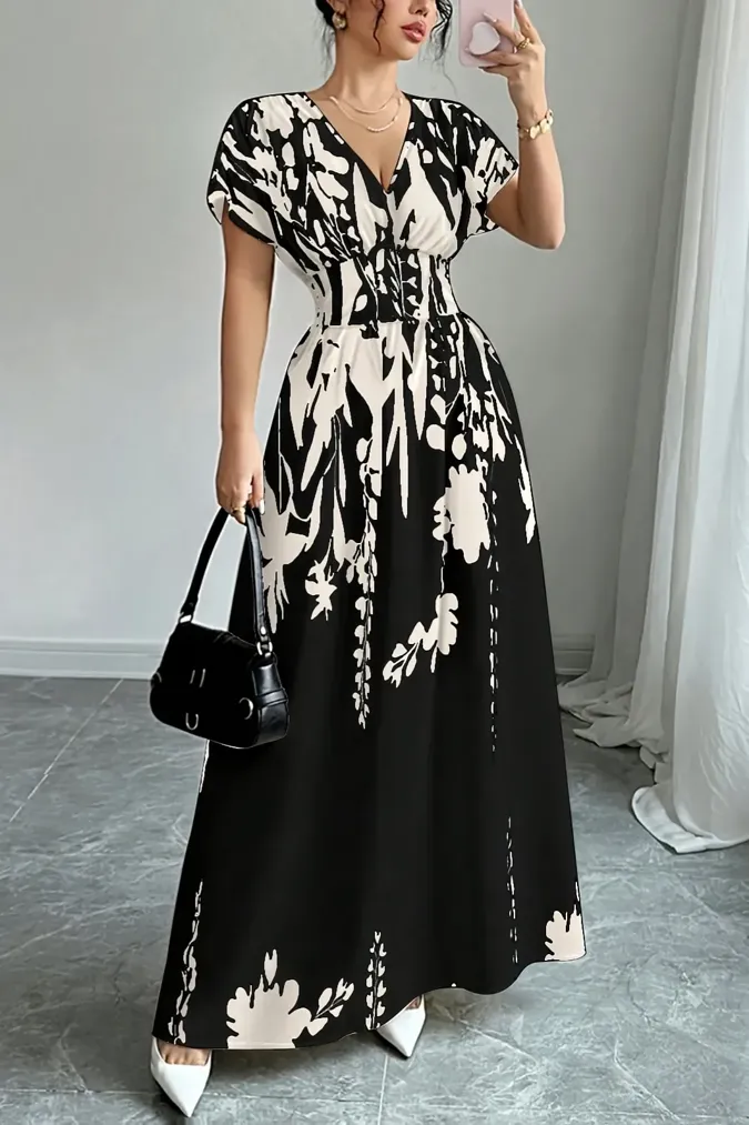 Black Floral V-Neck Maxi Dress - Image 1