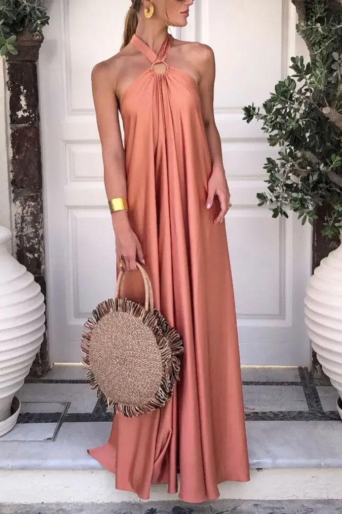 Orange Halter Backless Maxi Dress - Image 1