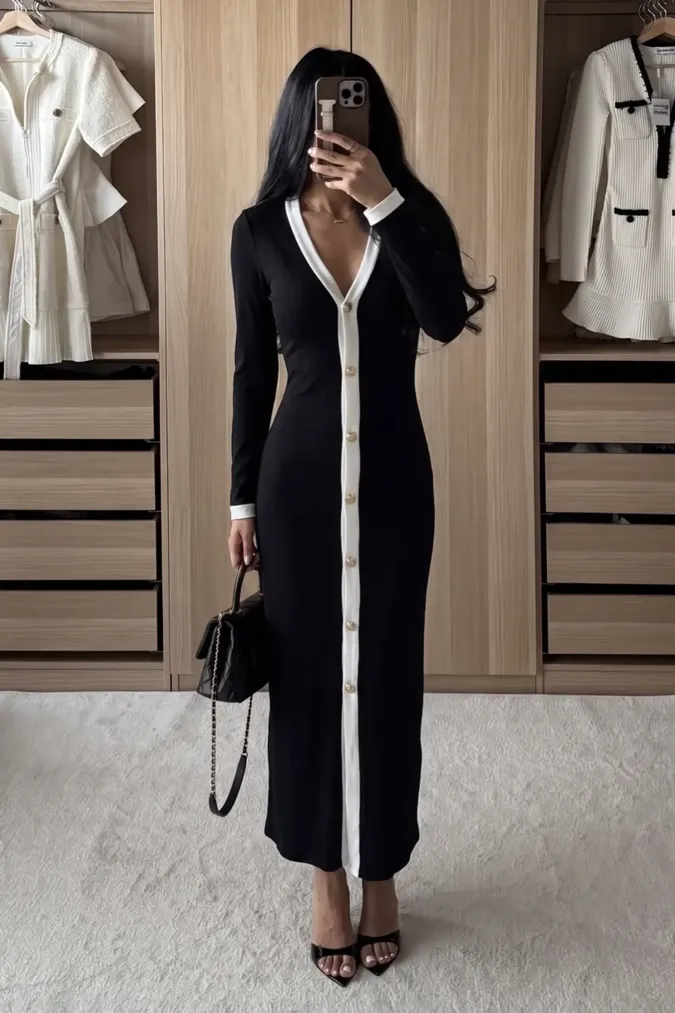Black V-Neck Bodycon Midi Dress - Image 1