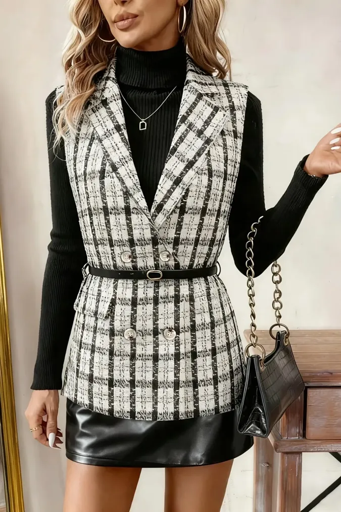 White Plaid Lapel Collar Tweed Blazer - Image 1