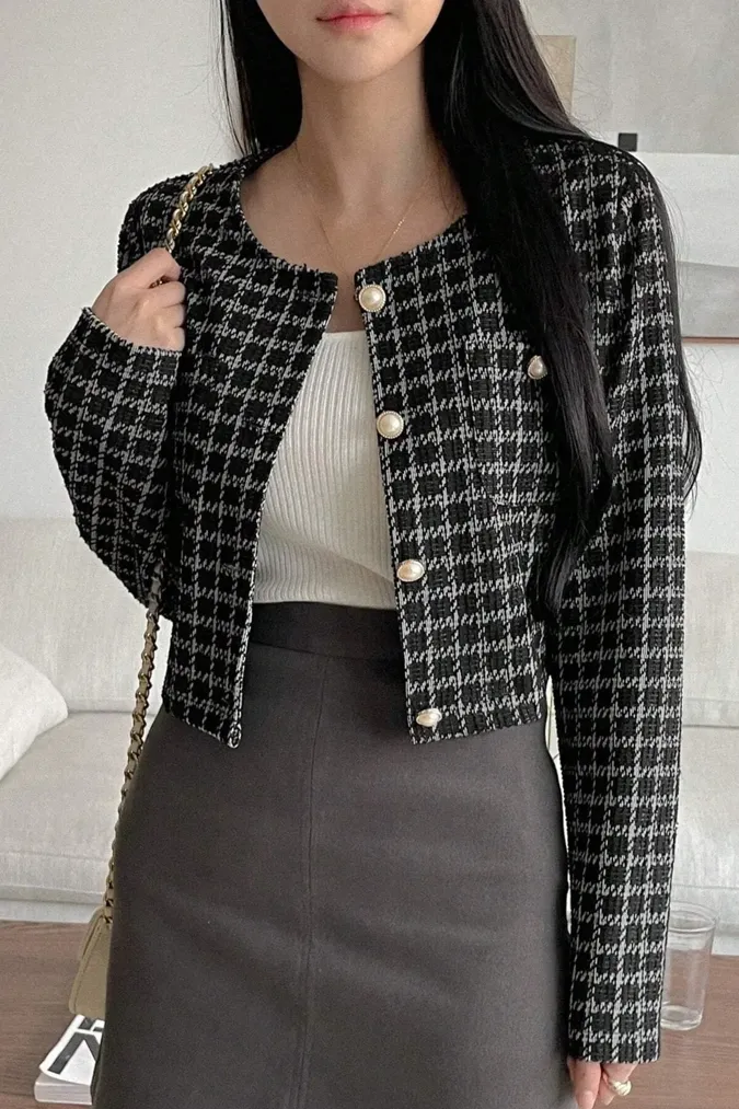 Black Houndstooth Buttoned Jacket - Image 1