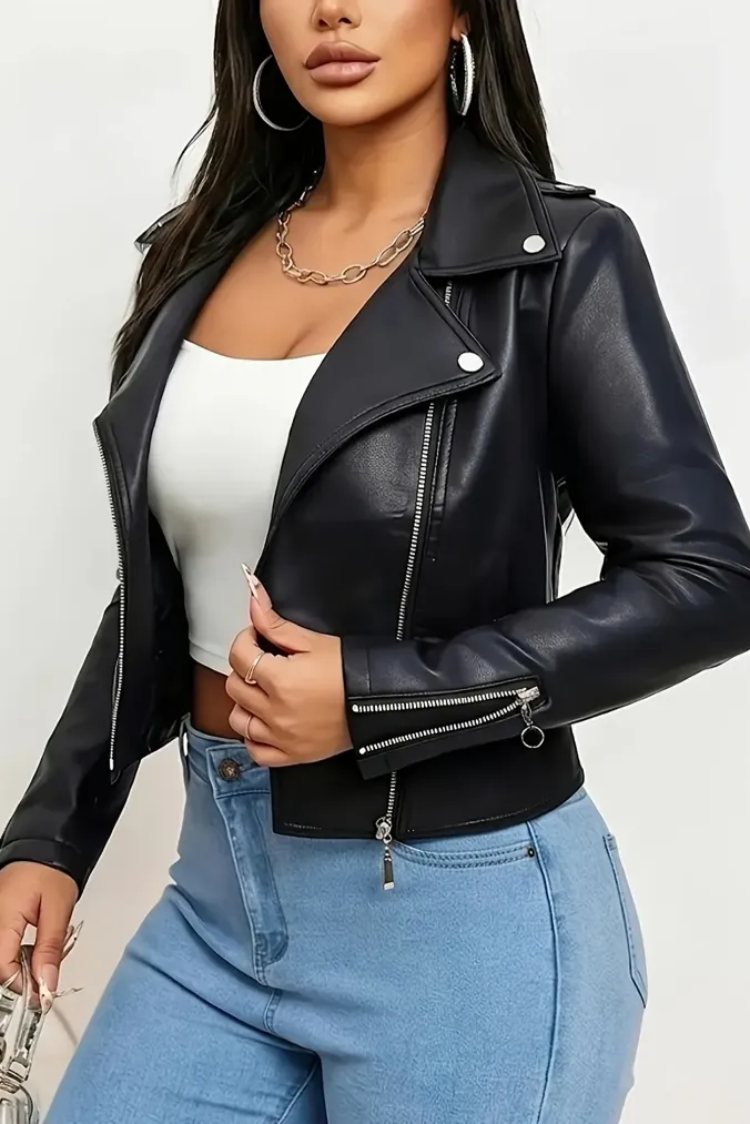 Black Cropped Pu Jacket - Image 1