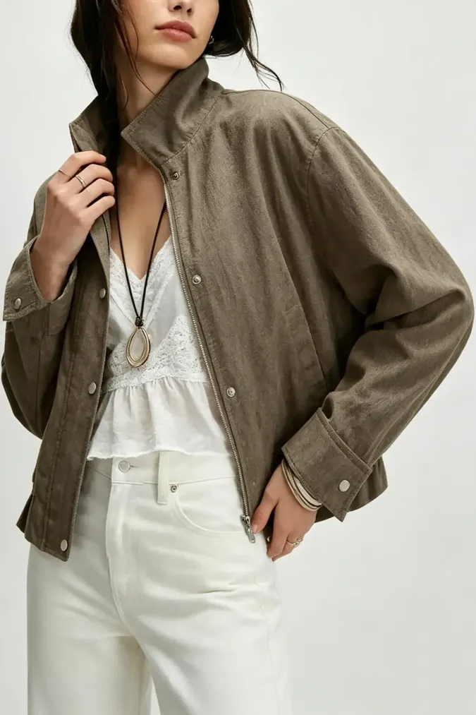 Olive Mandarin Collar Jacket - Image 1