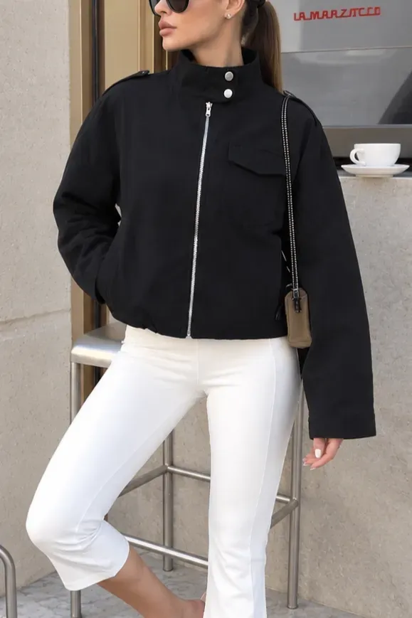 Black Mandarin Collar Zipper Jacket - Image 1
