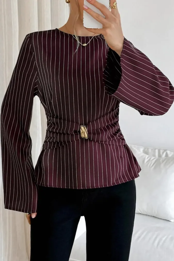 Burgundy Striped Crew Neck Top - Image 1