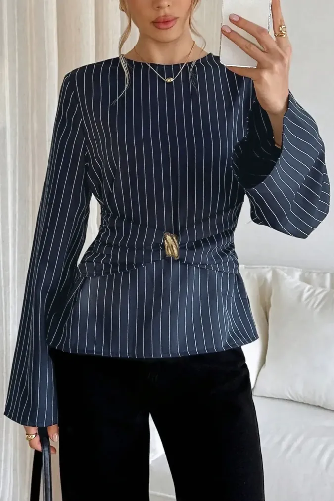 Navy Striped Crew Neck Top - Image 1