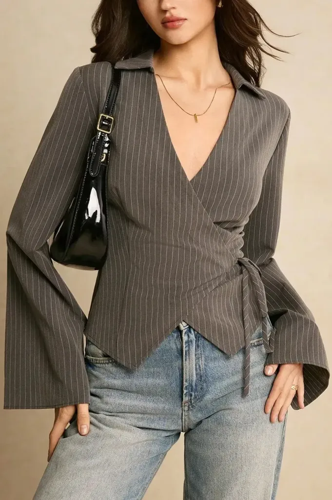 Grey Pinstripe Wrap Top - Image 1