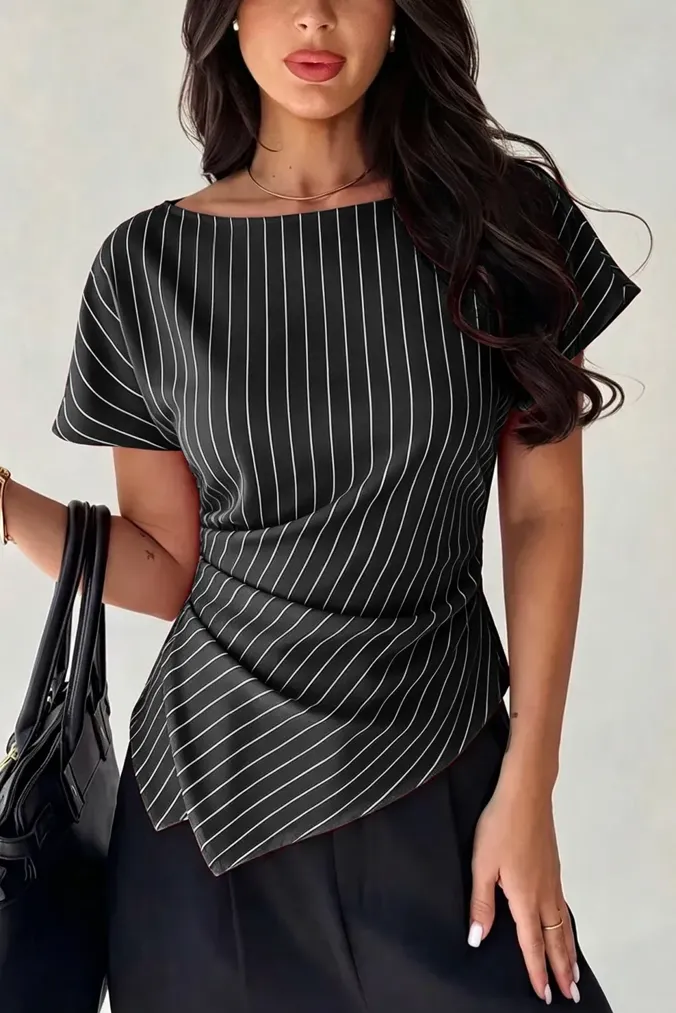 Black Striped Boat Neck Top - Image 1