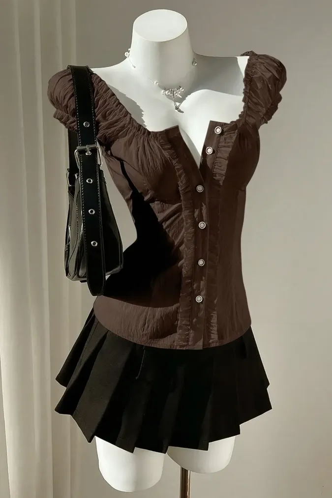 Dark Brown Sweetheart Ruffled Top - Image 1