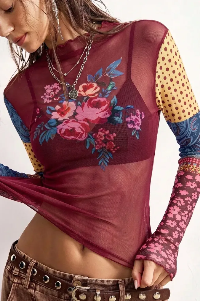 Red Floral High Neck Top - Image 1