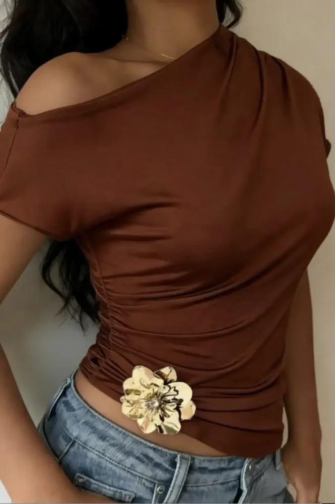 Brown Solid One Shoulder Top - Image 1