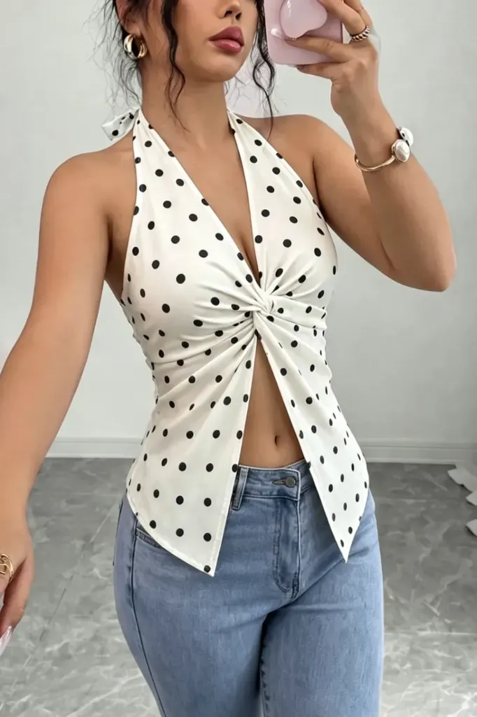 White Polka Dot Knotted Top - Image 1