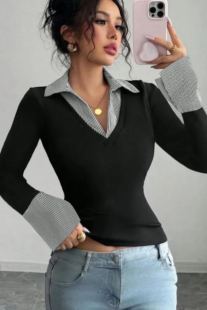 Black Layered V-Neck Top - Image 1