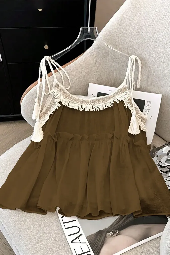 Dark Brown Tassel Tie-Up Top - Image 1
