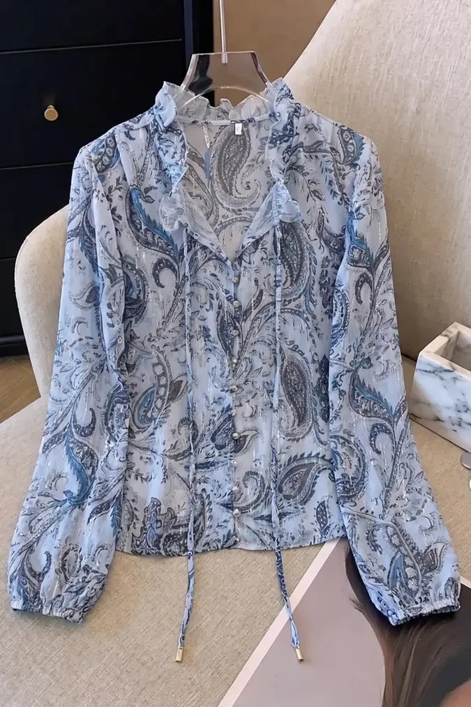Blue Paisley V-Neck Top - Image 1
