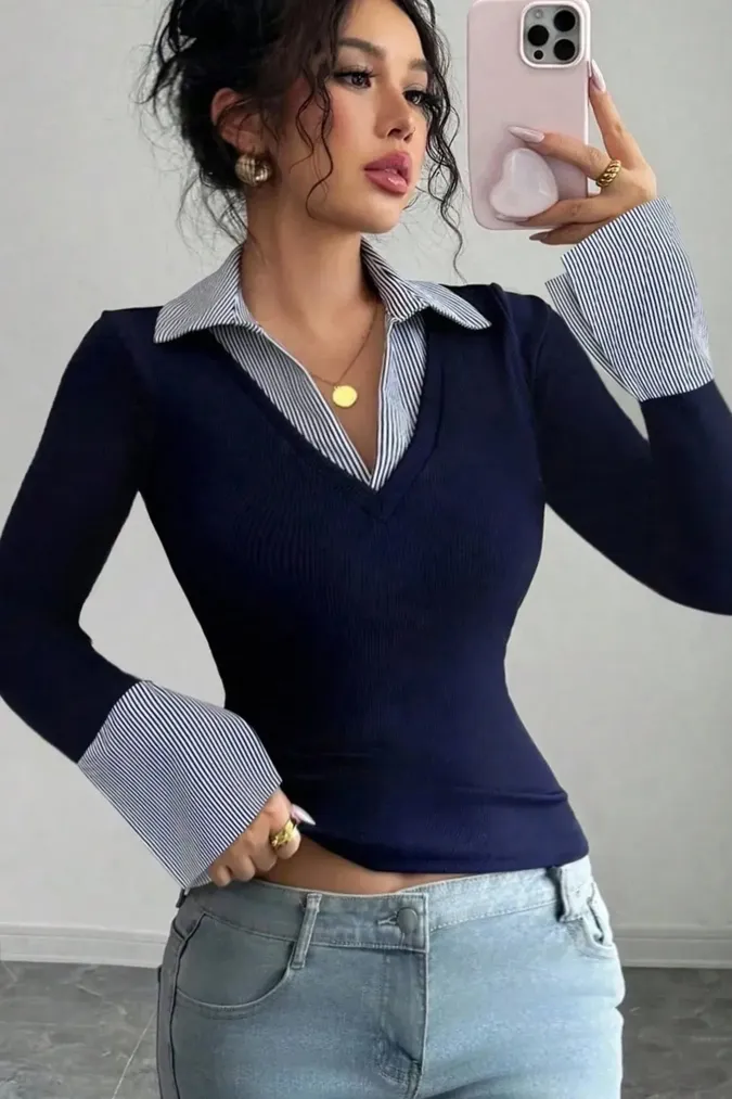 Navy Layered V-Neck Top - Image 1