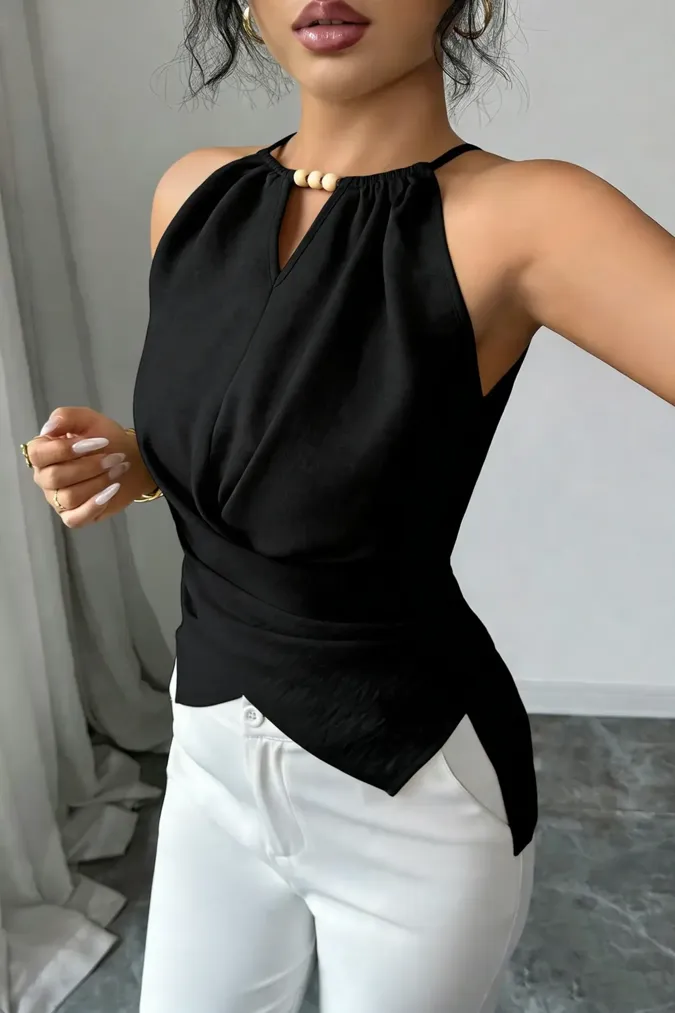 Black Beaded Wrap Halter Top - Image 1