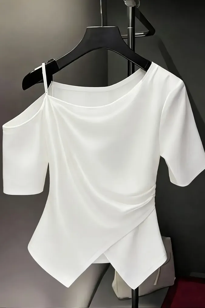 White Solid One-Shoulder Top - Image 1