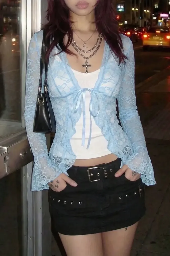 Light Blue Lace Tie-Up Top - Image 1
