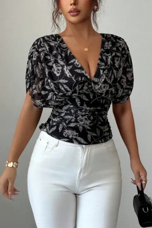 Black Cream Floral V-Neck Top - Image 1