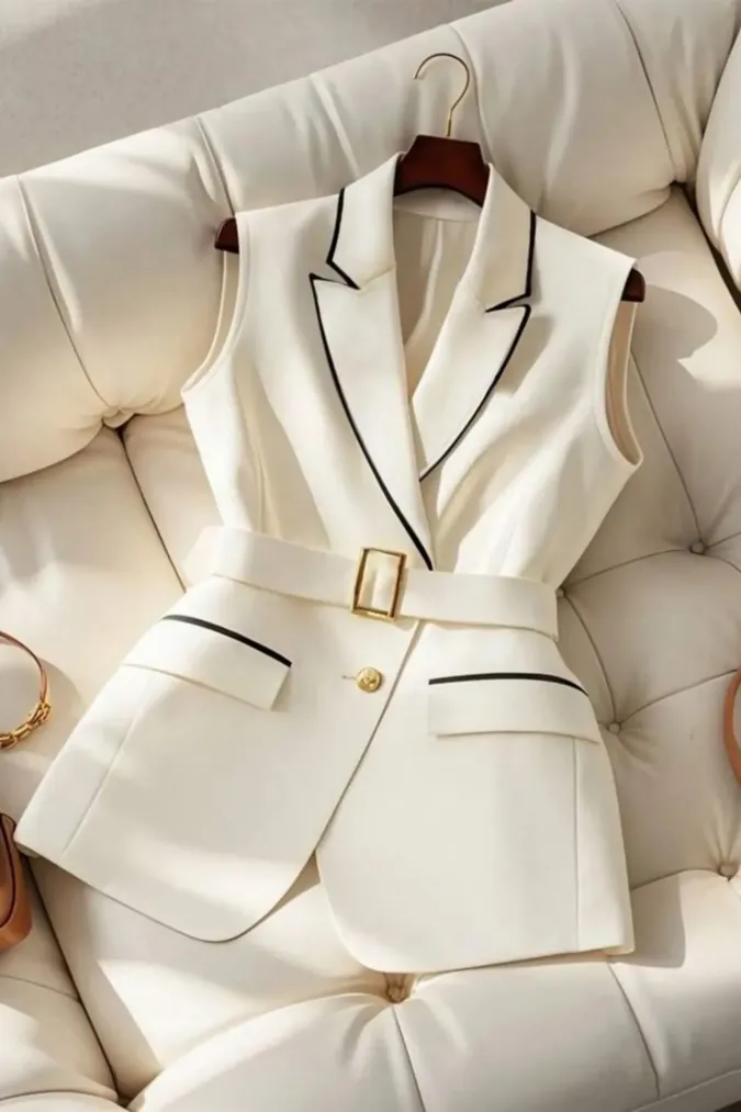 Beige Solid Lapel Collar Top - Image 1