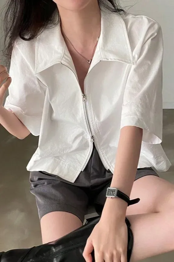 White Lapel Collar Zipper Shirt - Image 1